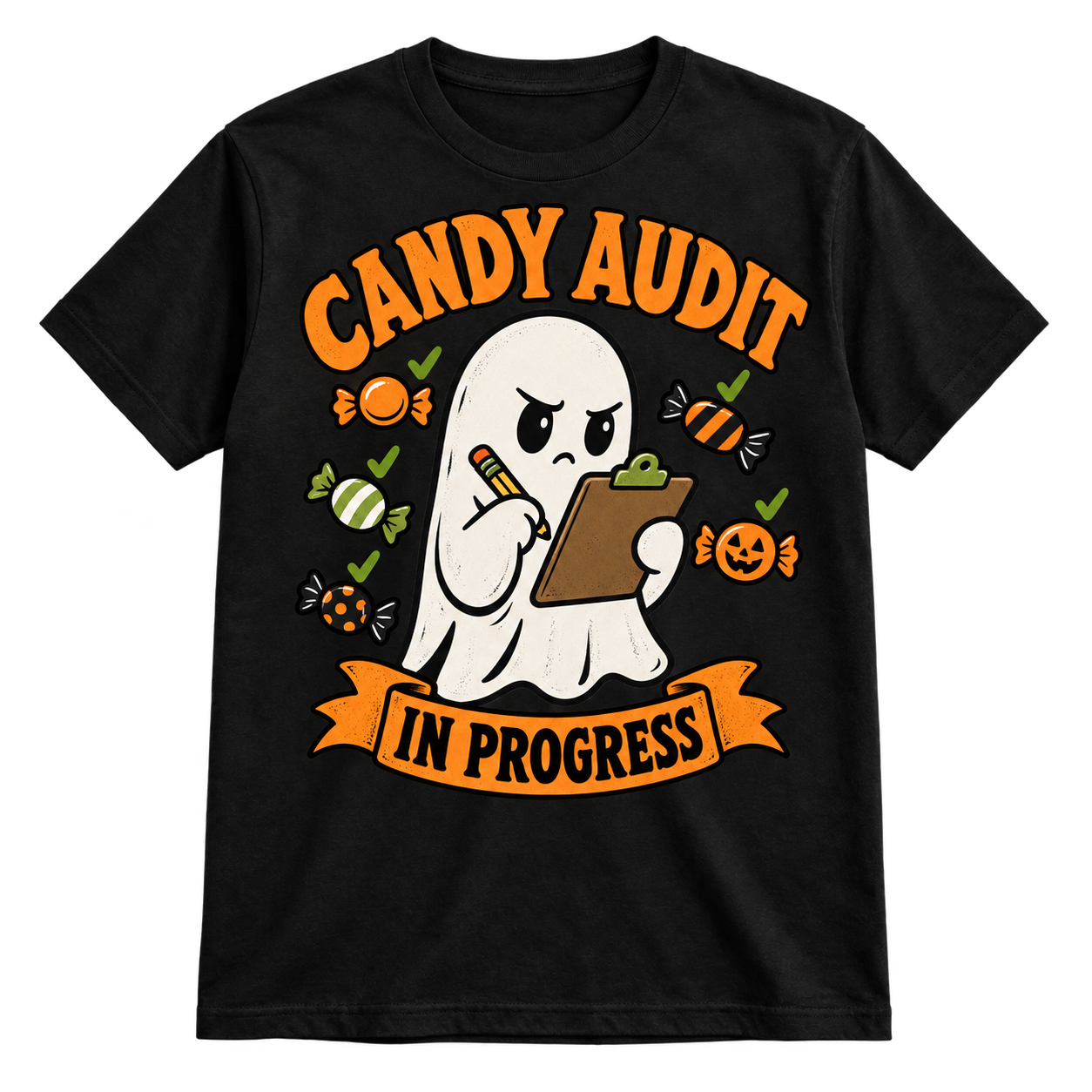 Candy Audit in Progress Halloween ghost design on a black t-shirt